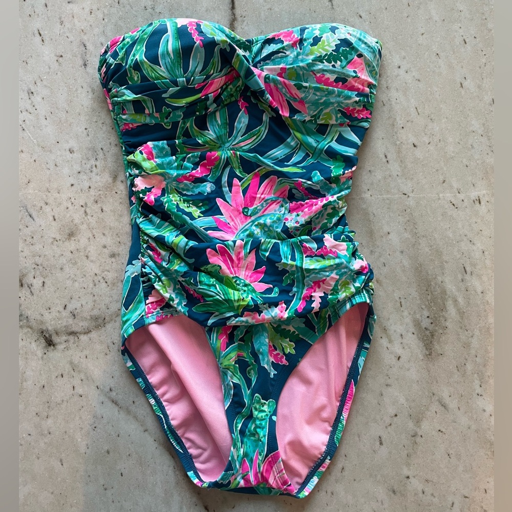 Lilly Pulitzer Flamenco Macaw Blue Sweet Escape One-Piece Strapless Swimsuit 0